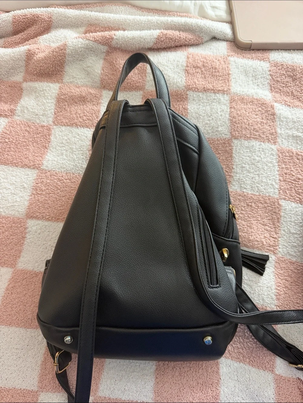 Black Faux Leather Tassel Front-Zip Women's Backpack